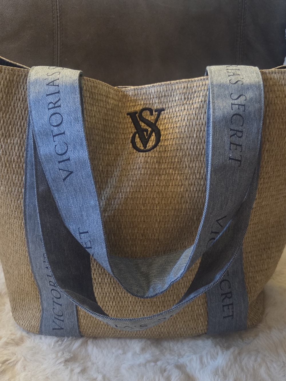 Victoria's Secret Straw Beach Tote Bag Large Weekender Travel Blue Beige